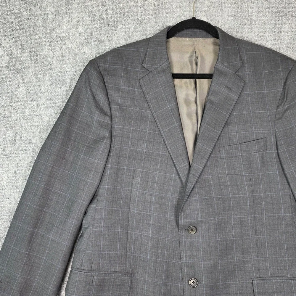 Vtg Hickey Freeman Suit Jacket Men 42‎ Grey Plaid Wool Silk Blazer Nordstrom USA